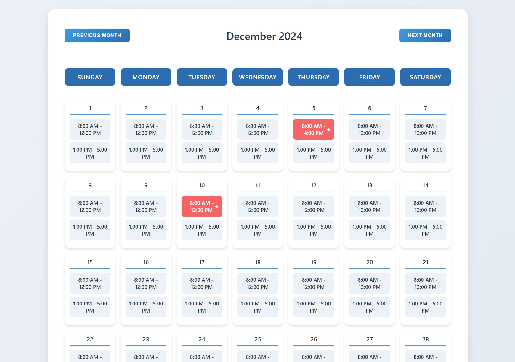 Reservation calendar